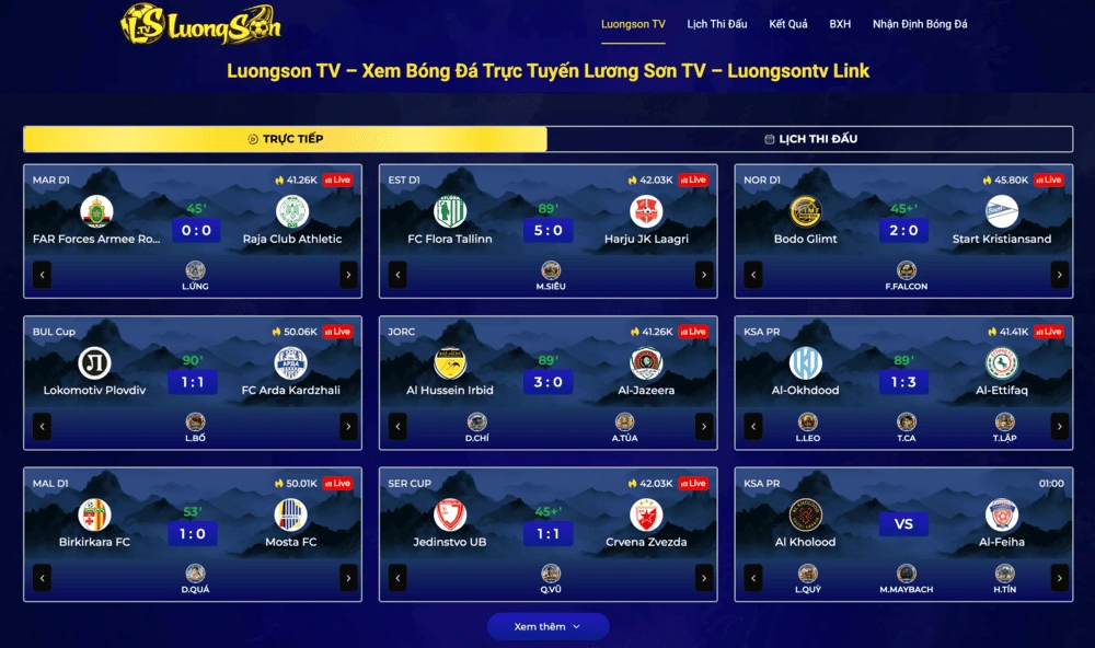 Giao diện ch&iacute;nh của Lương Sơn TV hiển thị c&aacute;c trận đang diễn ra c&ugrave;ng lịch sắp tới.